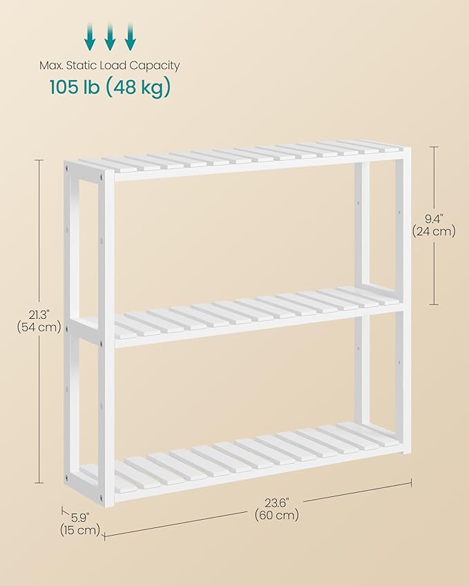 SONGMICS Bamboo Bathroom Shelf, 3-Tier Adjustable Plants Rack, Wall-Mounted or Stand, in The Living Room, Balcony, Kitchen, 5.9 x 23.6 x 21.3 Inches, Cloud White UBCB13W