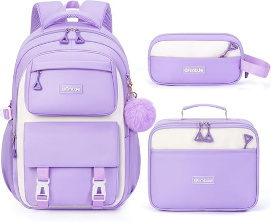 Fimibuke Backpacks for Girls, 3 PCS Waterproof School Backpack with Lunch Box, Pencil Pouch Set for Kids Teens Girls, Cute Bookbag School Bag for Elementary Middle High School Student Ages 6+(Purple)