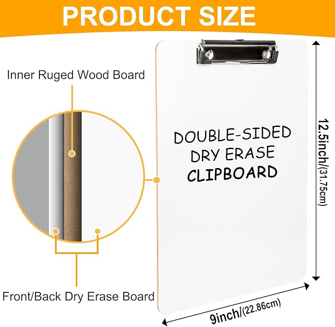 Dry Erase Wood Clipboard 4 Pack, Hardboard Clip Board 8.5x11 for Classroom, Students, Kid, Size 9" x 12.5", Double-Sided White Board, with Low Profile Clip, Office & School Supply