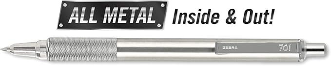 Zebra Pen F-701 Retractable Ballpoint Pen, 0.8mm Fine Point, Stainless Steel Barrel, Black Metal Pen with 2 Ink Refills