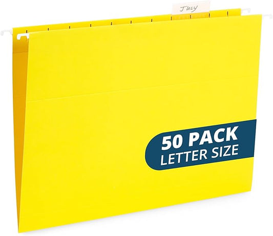 Blue Summit Hanging File Folders, Letter Size, Yellow, Great for Organizing and Easy File Storage, 50 Per Box