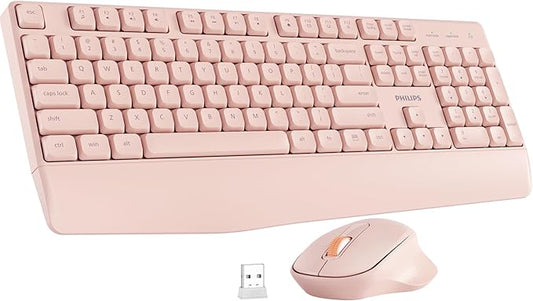 PHILIPS Wireless Keyboard and Mouse Combo-Ergonomic Keyboard and Mouse Wireless Combo with Silent Design,Plug n' Play,Sleep Mode and 2.4GHz Keyboard for Mac, Windows, Laptop-Pink