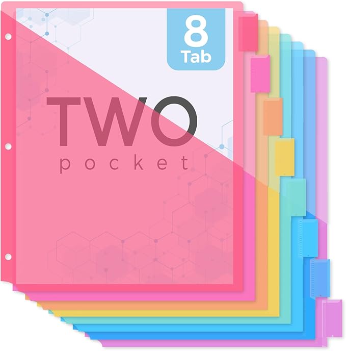 SKYDUE Binder Dividers with Tabs and Pockets,8 Tab Dividers for 3 Ring Binder, Plastic Binder Dividers with 2 Pockets & 16 Blank Labels, Red