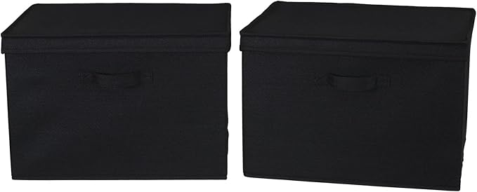 Household Essentials Wide Fabric Storage Bins with Lids, Black, Set of 2