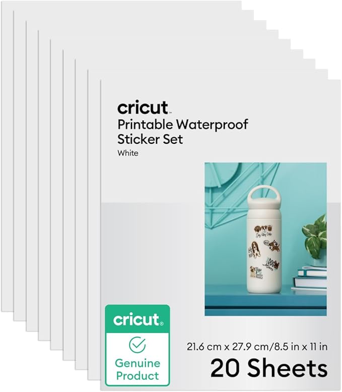 Cricut Printable Waterproof Sticker Set, 20 White Sheets (8.5" x 11") - Compatible with Inkjet Printers - For Joy Xtra, Explore, & Maker Machines