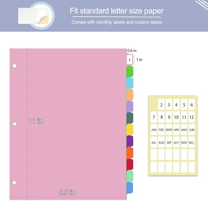 12-Tab Dividers for 3 Ring Binder,Plastic Biner Dividers with Tab, Monthly Divider Sets, 12 Tabs, Jan-Dec,File tabs,Multicolor,3 Sets