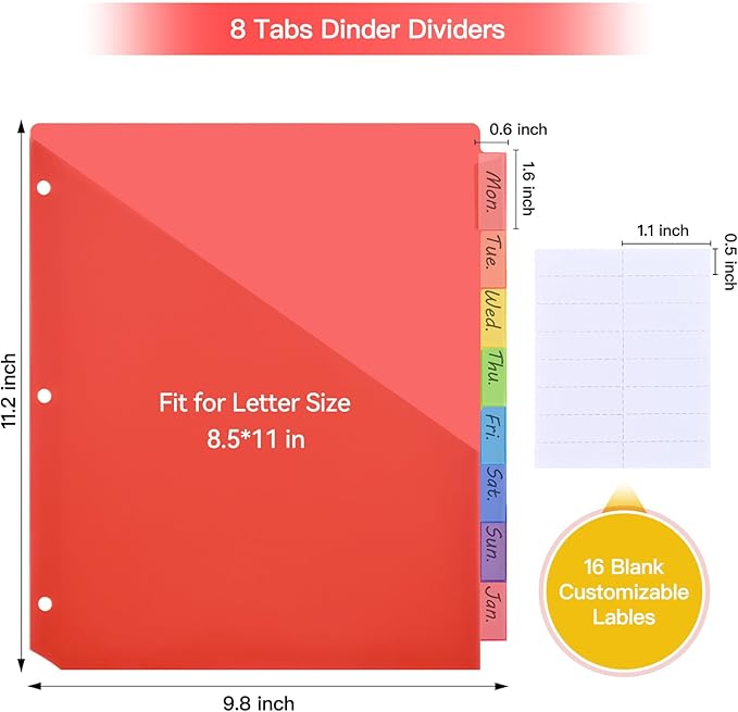 SUIN 8-Tab Insertable Binder Dividers with Double Pockets - Translucent Plastic Page Separators for 3 Ring Binder, Front & Back Storage, Durable Poly, Letter Size, Rainbow Colors, 12-Pack