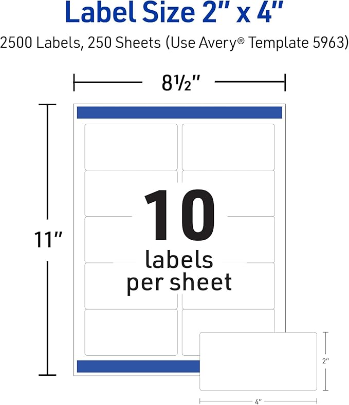 Avery Printable Shipping Labels with Sure Feed, 2" x 4" Customizable Stickers, White, 5,000 Blank Mailing Labels, Great for Mailing, Shipping, and More (2-Pack of 5963)