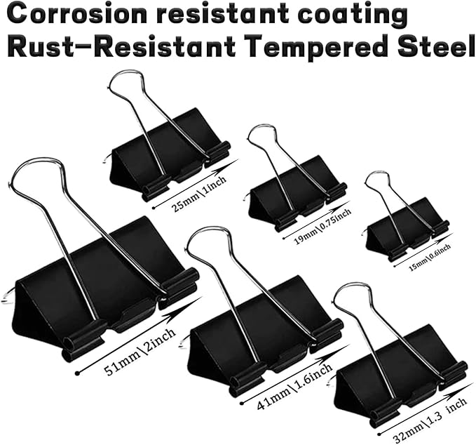 300 Pack Binder Clips Paper Clamps Assorted Sizes (Black), Jumbo, Large, Medium, Small, Mini and Micro, 6 Sizes for Office, School and Home