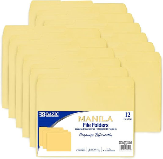 BAZIC Products Manila File Folders, 1/3-Cut Letter Size with Left, Right, and Center Tab Positions, Ideal for Organizing and Filing Documents, 12/Pack, 48-Pack