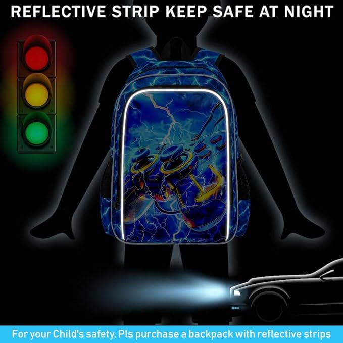 KLFVB 3PCS School Backpack for Kids, 17" Boys Game Bookbag and Lunch Box, Water Resistant Teenagers Backpacks for Middle Elementary - Lightning Game