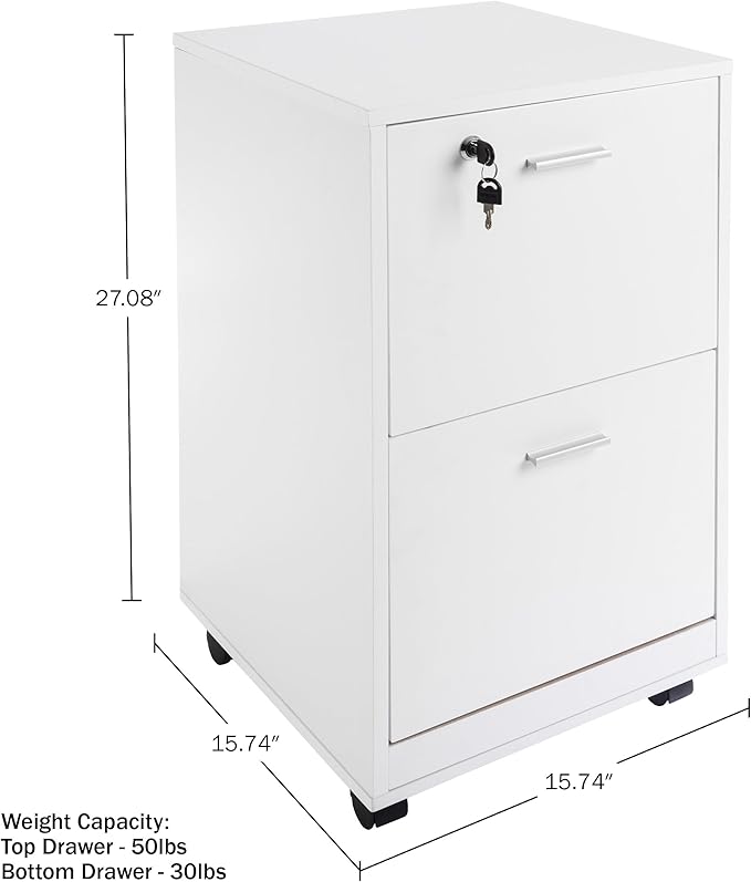 File Cabinet - 2-Drawer Cabinet with Lock and Deep Drawer Storage - Rolling Filing Cabinet for Under The Desk, Home, or Office by Lavish Home (White)