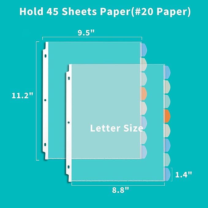 Binditek 48 Pack Heavyduty Clear Sheet Protectors with 8 Tabs, 45 Sheets Capacity, 8.5 x 11 inch Plastic Dividers for 3 Ring Binder, Insertable Index Divider, Letter Size, 6 Set, Label Sticker