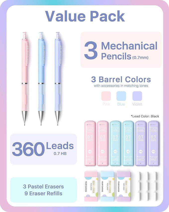 Four Candies Cute Mechanical Pencils 0.7mm, Pencil Set with 360PCS Lead Refills & Pastel Erasers, School Supplies with Case