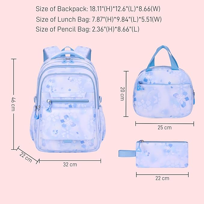 3Pcs Set Backpacks for Girls Teen, Cute Flowers School Bag Girls Bookbags with Lunch Box Pencil Bag, Multi-Pockets Kids Backpack for Elementary & Middle School, Light Blue