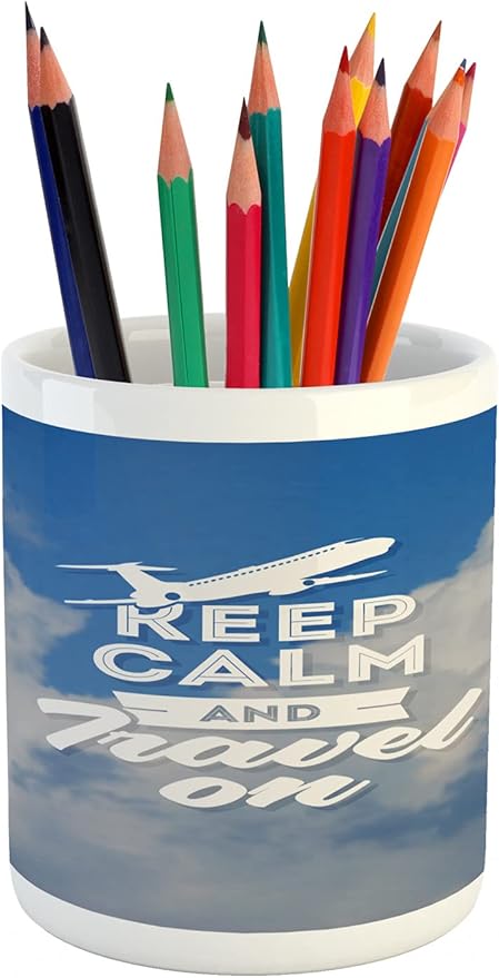 Ambesonne Saying Pencil Pen Holder, AviatiTheme Keep Calm and Trave Message with Plane and Clouds, Ceramic Pencil Pen Holder for Desk Office Accessory, 3.6" X 3.2", Cobalt Blue
