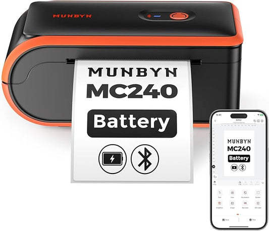 MUNBYN MC240 Bluetooth Thermal Label Printer with Battery, Built-in Paper Bin, Portable Wireless 4×6 Shipping Label Printer, Compatible with iOS, Android, Windows, Mac, Works for Small Business