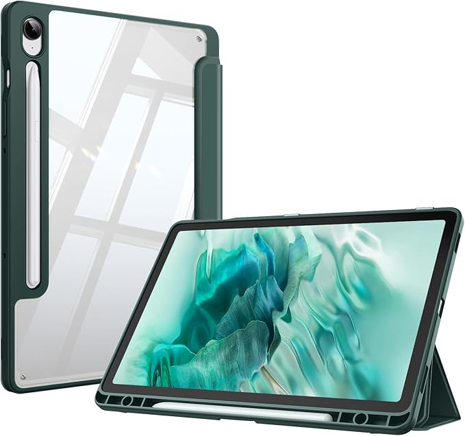 Fintie Hybrid Slim Case for Samsung Galaxy Tab S10 Lite/ S10 FE/ S9 FE 10.9 Inch/Tab S9 11 Inch with S Pen Holder, Shockproof Cover with Clear Transparent Back Shell, Auto Wake/Sleep, Midnight Green