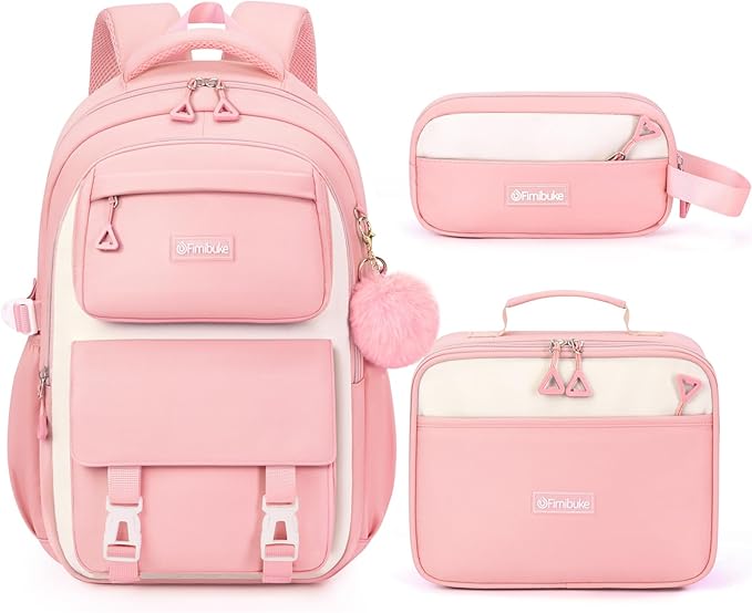 Fimibuke Backpacks for Girls, 3 PCS Waterproof School Backpack with Lunch Box & Pencil Pouch for Kids Teen Girl, Cute Bookbag School Bag for Elementary Middle High School Student Ages 6+(Pink)