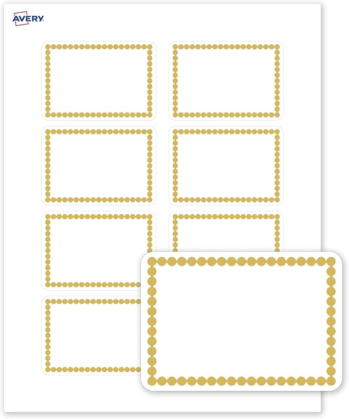 Avery Printable Rectangle Adhesive Name Tags, Gold Beads Design, 2-1/3" x 3-3/8", Matte White Removable Name Tags, Laser/Inkjet, 80 Total, Great for Name Badges