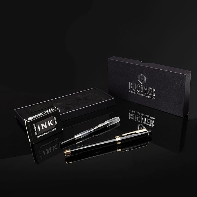 Fountain Pen with Fine Nib & Black Ink, Refillable & Elegant Bent Nib Design, Calligraphy Pens for Writing, Best Fountain Pen for Smooth & Fancy Writing (Black)