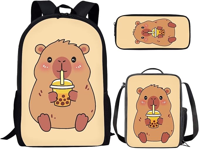 CLOHOMIN Cute Capybara Bookbag And Lunch Box Set for Girls Yellow Backpack with Lunch Bag for Kids 4th Grade Elementary/Primary School Bag Thermal Lunchbox Large Pencil Case, Set of 3