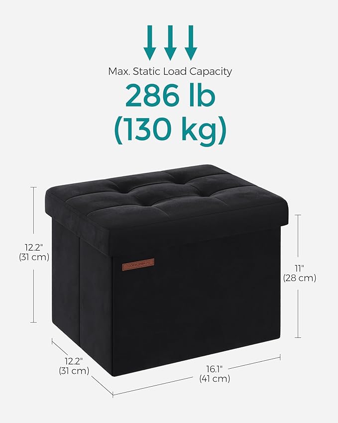SONGMICS Storage Ottoman, Foldable Small Ottoman Foot Rest, 12.2 x 16.1 Inches Foot Stool, Ottoman with Storage, Load up to 286 lb, for Living Room, Bedroom, Dorm, Ink Black ULSF200B01
