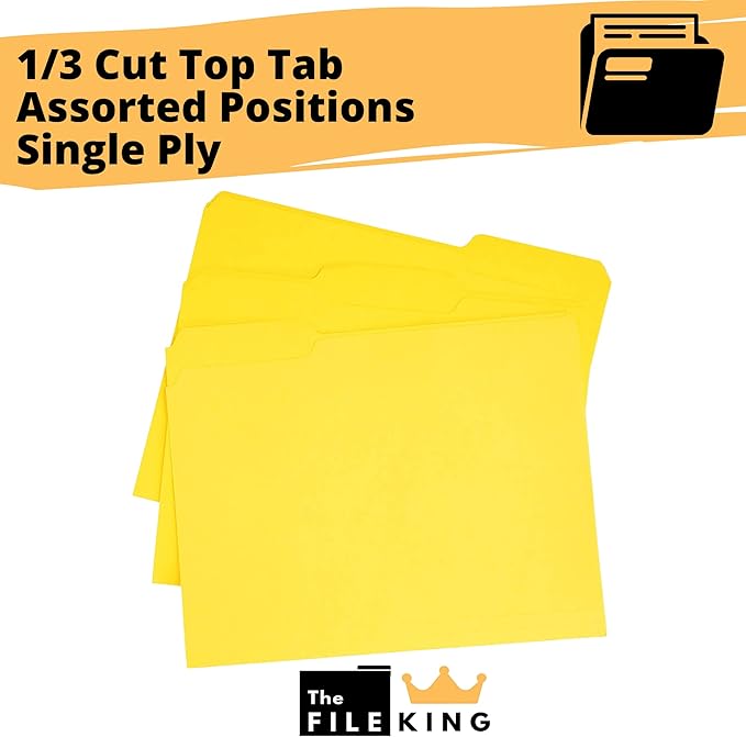 The File King 1/3 Cut Yellow File Folders Letter Size - 100 Pack | Made in USA | Heavy Duty | Assorted Colors | 8.5 x 11 | 100% Recycled Content