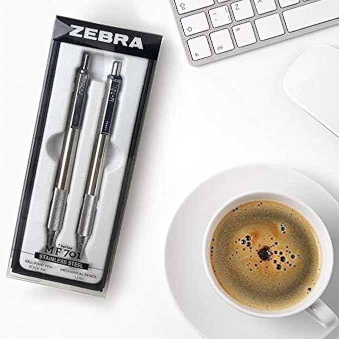 Zebra Pen M/F 701 Stainless Steel Mechanical Pencil and Ballpoint Pen Set, Fine Point, HB Lead and Black Ink, Ideal for Tactical Use, 2-Pack Gift Set (10519)