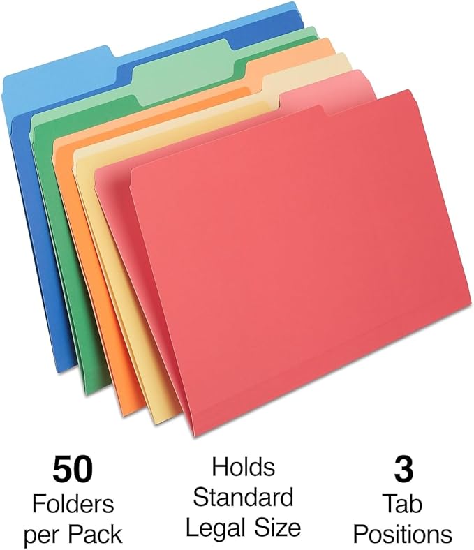 Staples Heavyweight Colored File Folders, 3 Tab, Legal, 50/Box