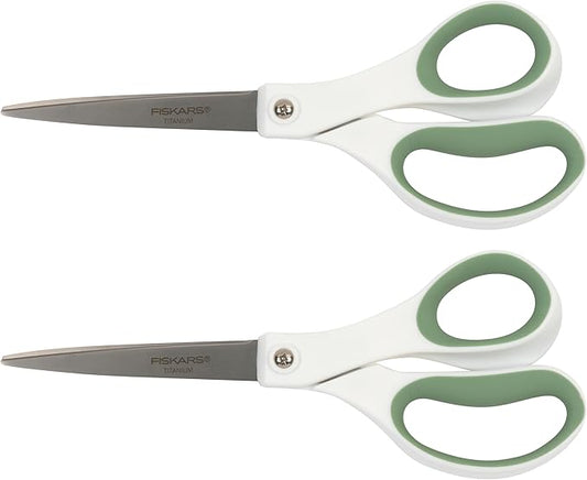 Fiskars Everyday Titanium Scissors, Durable Blades 3X Harder Than Steel, Ergonomic Softgrip Handle for Home and Office Cutting, 8 ", Forest Fern Green, 2 Pack