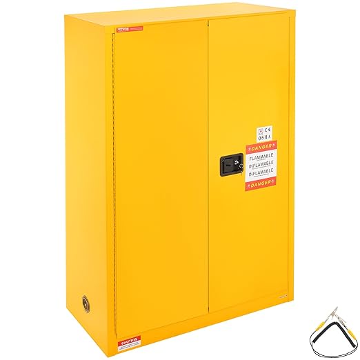VEVOR Flammable Cabinet 18" x 43" x 65", Cold-Rolled Steel Flammable Liquid Storage Cabinet, 45 Gal in Explosion Proof with 2 Adjustable Shelves 2 Manual Doors for Industrial Use, Yellow