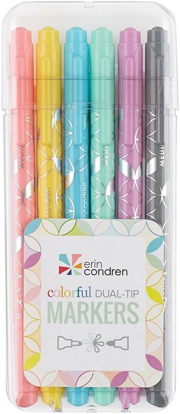 Erin Condren Designer Colorful Dual - Tip Markers - Pastel Colors 6 Pack. Fine and Standard Tip Set, Double Sided for Drawing, Coloring, and Art. For Kids and Adults
