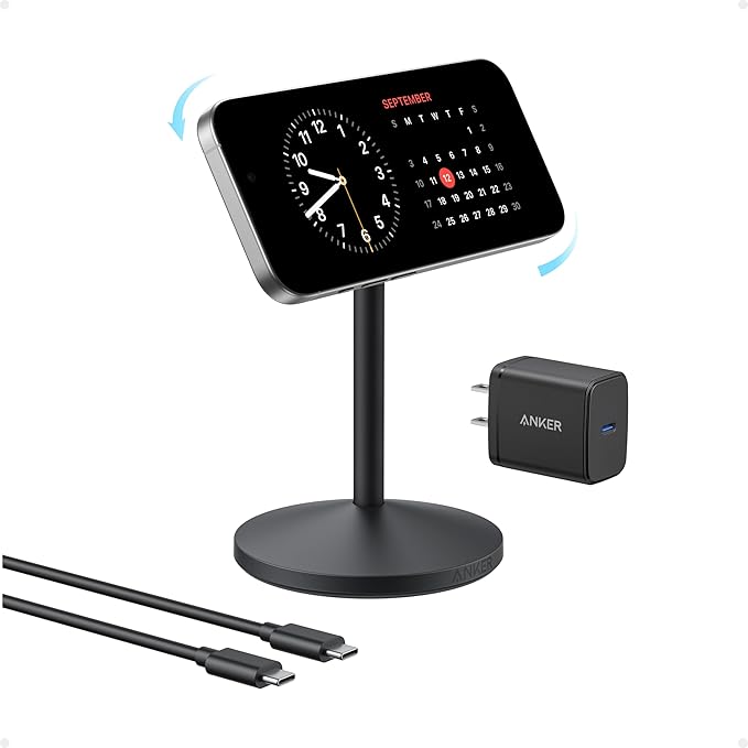 Anker MagGo iPhone 17 MagSafe Charger Compatible Stand, 15W Fast Magnetic Wireless Charging Station, Qi2 Certified 360° Wireless Charger, Magnetic Stand for iPhone 17/16/15/14/13 Series (With Adapter)