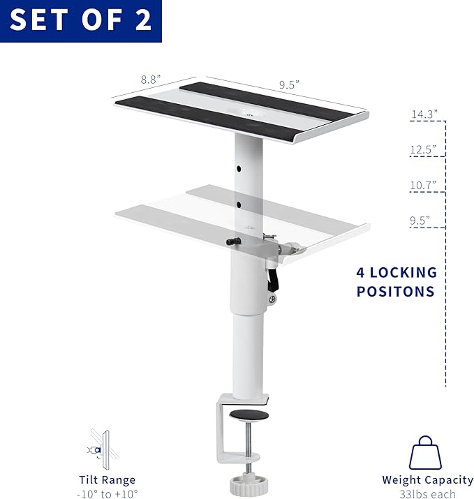 VIVO Clamp-on Speaker Stand Desk Mount Set, 10 x 9 inch Trays, Height Adjustment and Tilt, Universal Audio Holders for Computer and Bookshelf Speakers, Elevated Sound, 2 Pack, White, MOUNT-SP01CW