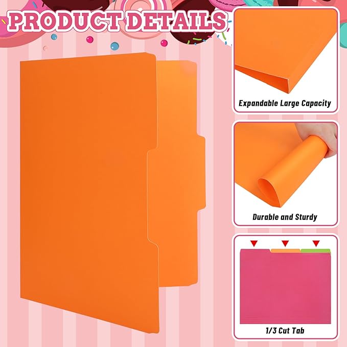 Whaline 24 Pack Neon Colored File Folders Letter Size Pink Orange Yellow Green File Pockets with 1/3 Cut Tab for Home Office Classroom Supplies, 8.9 x 11.6 Inch, 4 Colors