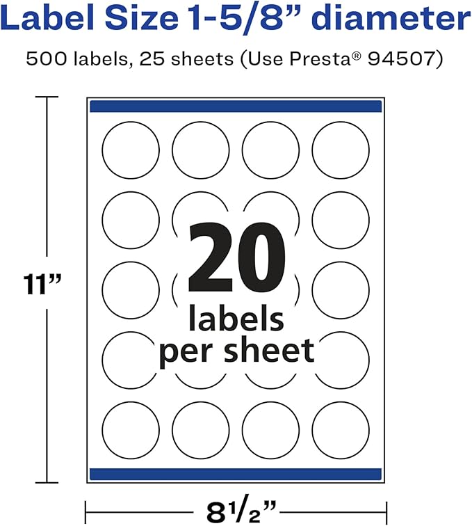 Avery Glossy White Round Labels, Sure Feed Technology, 1-5/8" Diameter, 500 Glossy White Labels, Print-to-The-Edge, Permanent Adhesive, Laser/Inkjet Printable