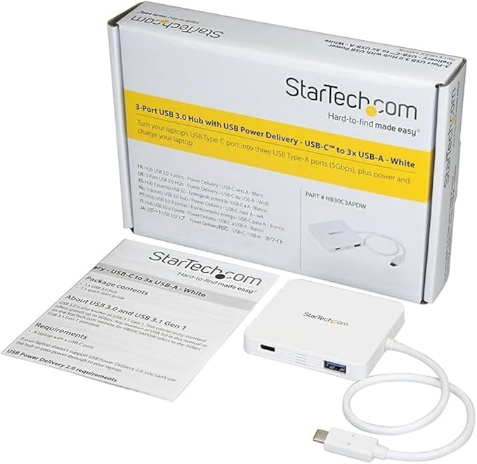 StarTech.com USB C Hub – Powered – White – 3 Port USB-C to USB-A (3X) and GbE RJ45 (1x) – USB to Ethernet – USB Port Expander (HB30C3APDW)