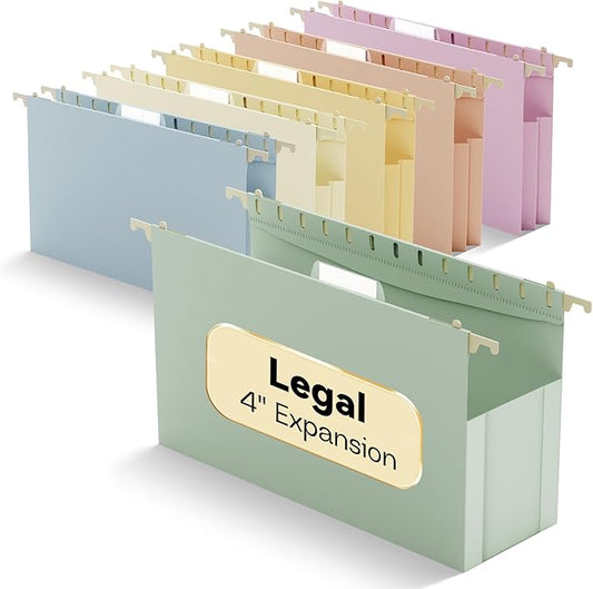 Legal Size Hanging File Folders,6 Pack Heavy Duty 4" Expanding Pocket,Reinforced High Capacity Legal Plastic Hanging Folders,Sturdy Hang Folders with Tabs,Designed for Bulky Files,Pastel Color