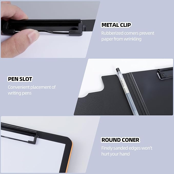 Clipboard Folder, 2 Pcs A4 Foldable Clipboard with Horizontal and Vertical Double Metal Clips, 360 Degree Foldable Binder Clipboards with Pen Holder, File Cover Work Folder Clipboards, Orange