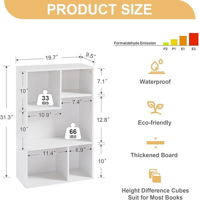 VECELO Small White Bookshelf, 5 Cube Shelf, Fits Tallest Hardcovers, Horizontal Available, Storage Organzier for Home Office,White