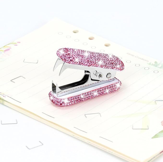Multibey Rhinestone Staple Remover, Handmade Bling Crystal Cute Remover Tool for Desk, Dazzling Staples Puller Tool Mini Office Supplies & Desk Accessories for Women Office (Pink&Silver Jaw