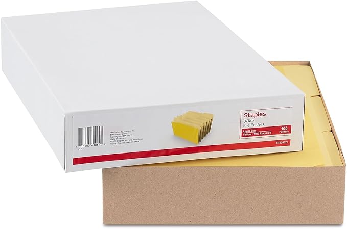 Staples File Folders, Legal Size, 1/3‑Cut Tabs, Yellow, Durable Paper Stock, 200/Carton