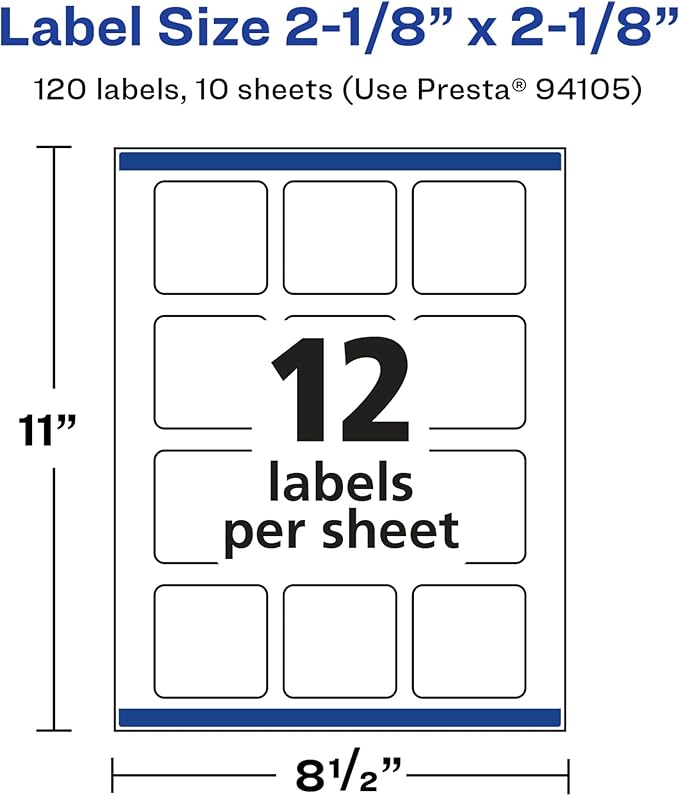 Avery Glossy White Square Labels, Sure Feed Technology, 2-1/8" x 2-1/8", 120 Glossy White Labels, Print-to-The-Edge, Permanent Adhesive, Laser/Inkjet Printable