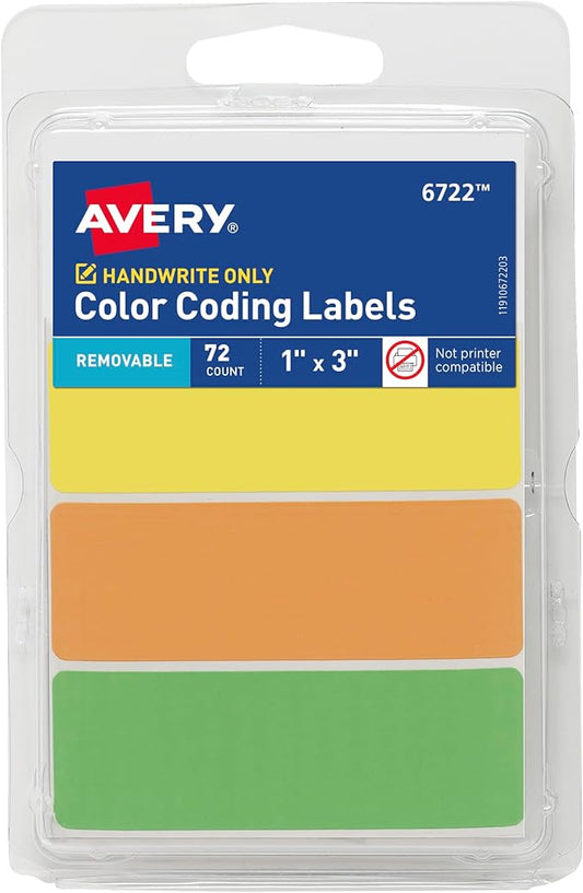 Avery Color-Coding Removable Labels, 1" x 3", Assorted Neon Colors, Non-Printable, 72 Blank Labels Total (6722)