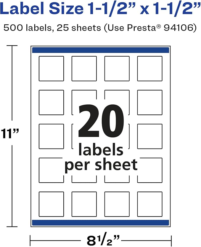 Avery Glossy White Square Labels, Sure Feed Technology, 1.5" x 1.5", 500 Glossy White Labels, Print-to-The-Edge, Permanent Adhesive, Laser/Inkjet Printable