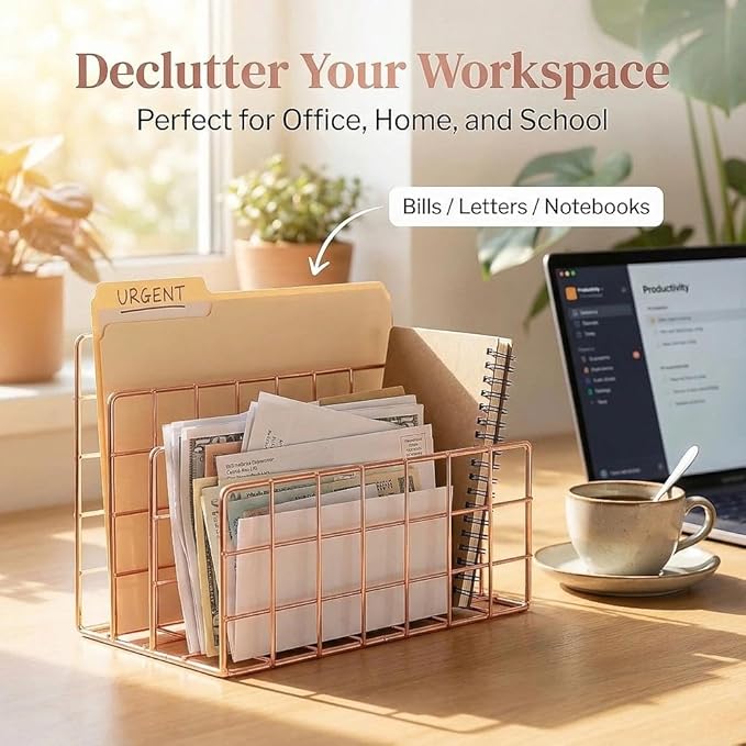 Simmer Stone Gold Letter Sorter Organizer for Desk, Premium Plated Metal Mail Holder with 3 Upright Slots, Ultra-Stable & Non-Wobbling Desktop Organizer for Envelopes, Documents, Palettes 9.5“ x 4.7 ”