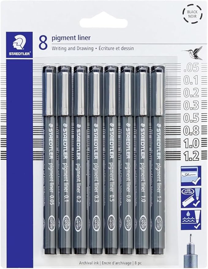STAEDTLER Pigment Liner 5-Pack (5 sets of 8 pcs), Black, 8 Pens, Assorted Line Widths, 0.05mm, 0.1mm, 0.2mm, 0.3mm, 0.5mm, 0.8mm, 1.0mm, 1.2mm, 40 Count