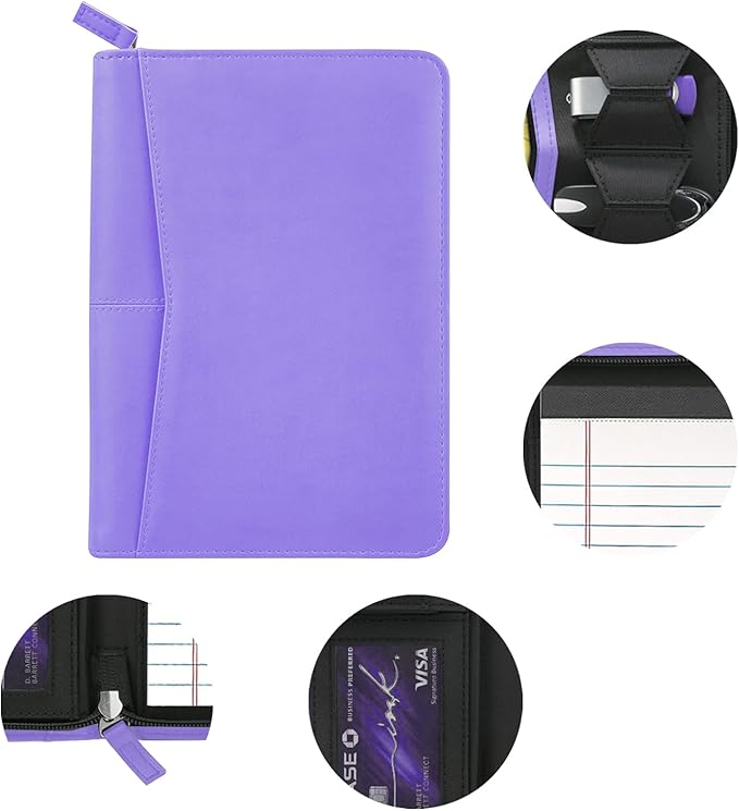 Small Portfolio Organizer, A5 Zippered Business Portfolio, Junior Padfolio Folder Binder for Women & Men, 5 x 8 Writing Pad Included, Purple