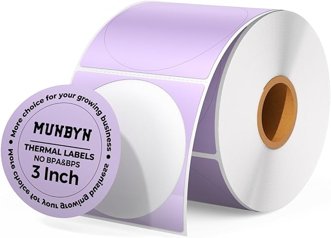 MUNBYN 3 Inch Purple Circle Thermal Sticker Labels, Multi-Purpose Self-Adhesive Round Direct Thermal Labels for Business, 500 Sheets/1 Roll